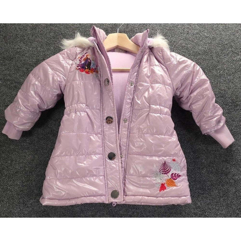 Disney Frozen Elsa Anna Purple Puffer Coat Jacket Fur Hood Kids‎ Size 2